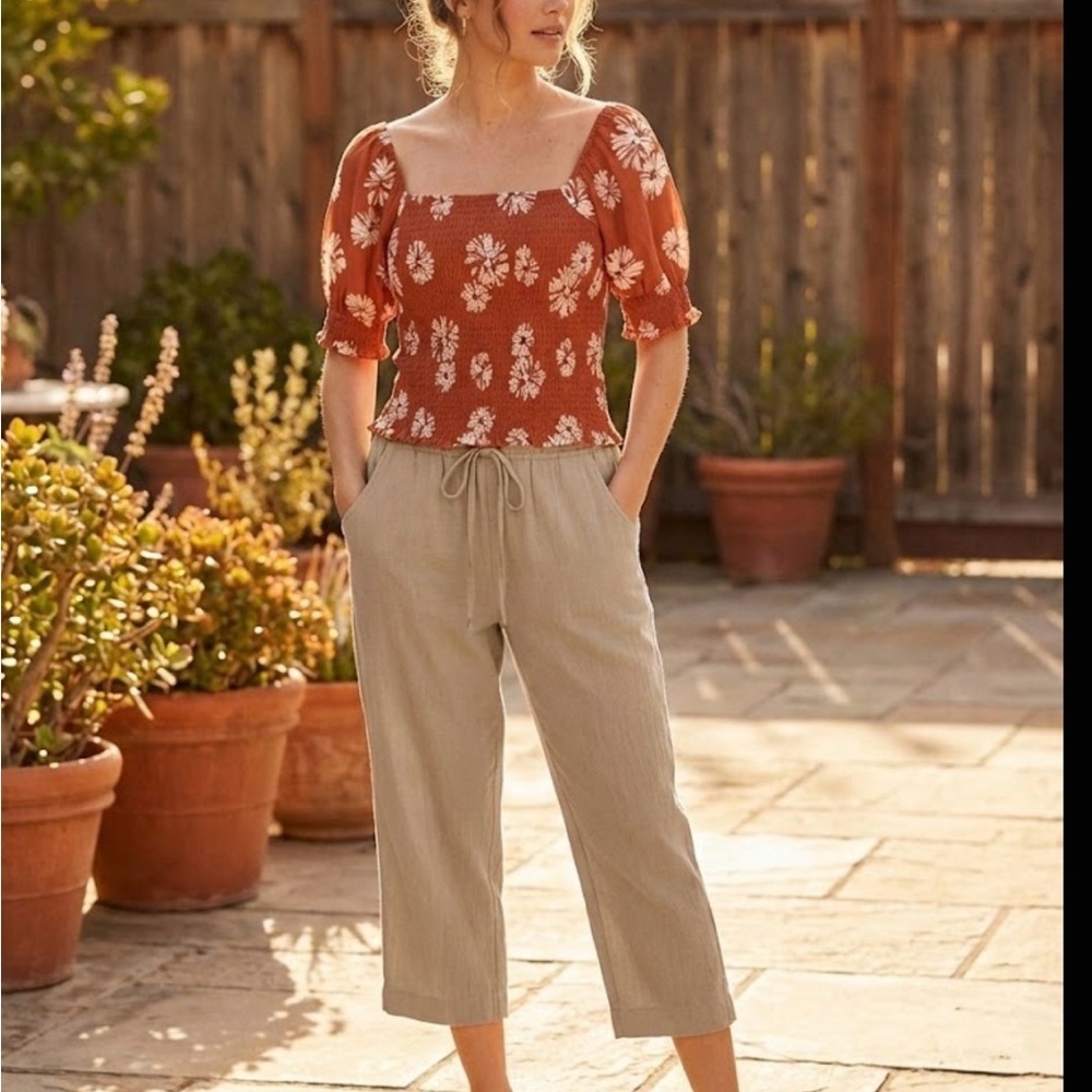 Madewell Floral Smocked Rust Top Womens Small  Shirt